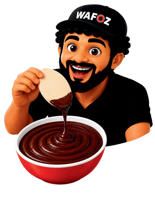The original WAFOZ character dipping a snack into chocolate